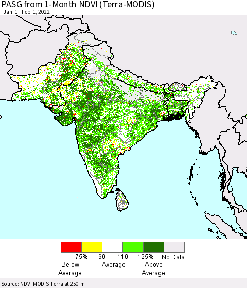 Southern Asia PASG from 1-Month NDVI (Terra-MODIS) Thematic Map For 1/25/2022 - 2/1/2022