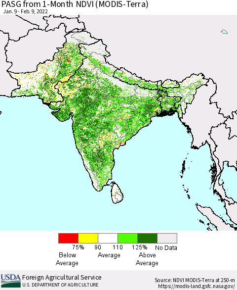 Southern Asia PASG from 1-Month NDVI (Terra-MODIS) Thematic Map For 2/1/2022 - 2/10/2022