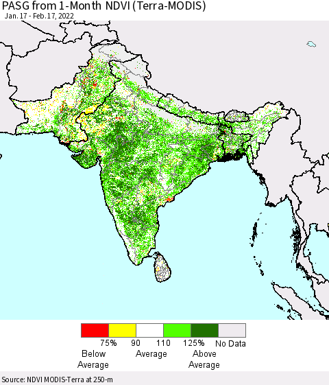 Southern Asia PASG from 1-Month NDVI (Terra-MODIS) Thematic Map For 2/10/2022 - 2/17/2022