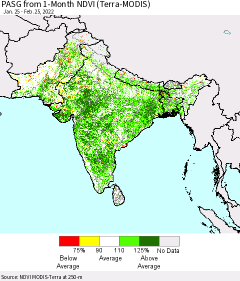 Southern Asia PASG from 1-Month NDVI (Terra-MODIS) Thematic Map For 2/18/2022 - 2/25/2022
