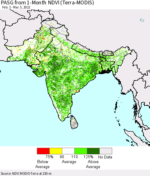 Southern Asia PASG from 1-Month NDVI (Terra-MODIS) Thematic Map For 2/26/2022 - 3/5/2022