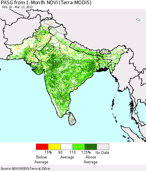 Southern Asia PASG from 1-Month NDVI (Terra-MODIS) Thematic Map For 3/6/2022 - 3/13/2022