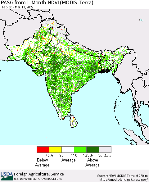 Southern Asia PASG from 1-Month NDVI (Terra-MODIS) Thematic Map For 3/11/2022 - 3/20/2022