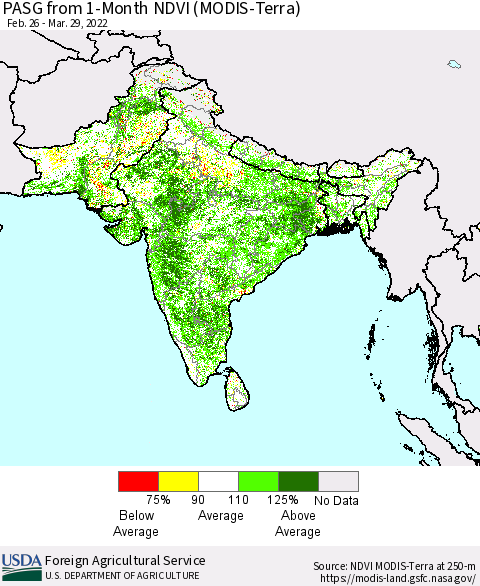 Southern Asia PASG from 1-Month NDVI (Terra-MODIS) Thematic Map For 3/21/2022 - 3/31/2022