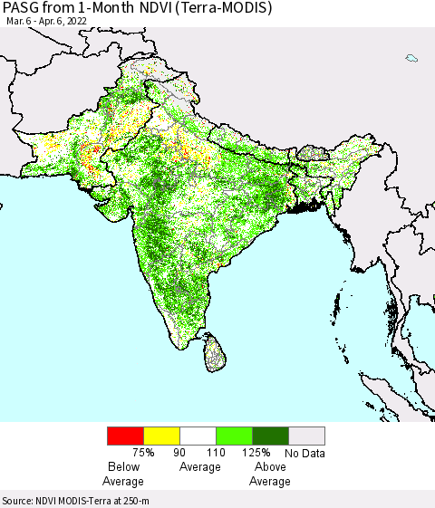 Southern Asia PASG from 1-Month NDVI (Terra-MODIS) Thematic Map For 3/30/2022 - 4/6/2022