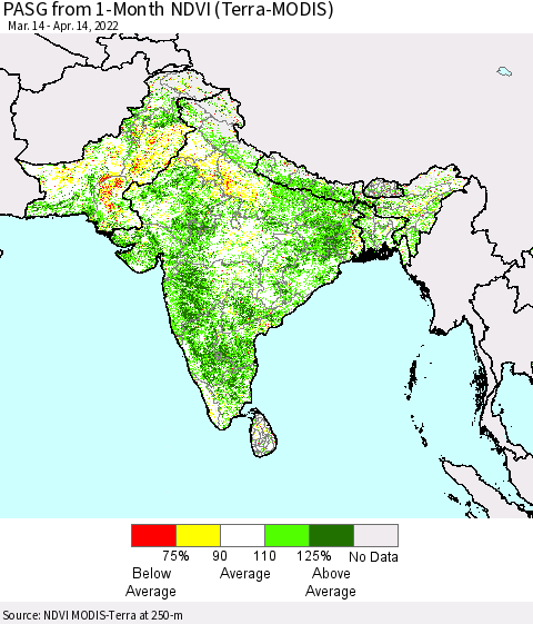 Southern Asia PASG from 1-Month NDVI (Terra-MODIS) Thematic Map For 4/7/2022 - 4/14/2022