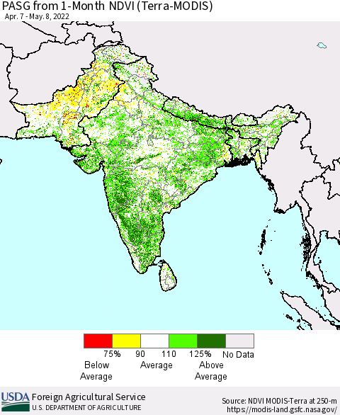 Southern Asia PASG from 1-Month NDVI (Terra-MODIS) Thematic Map For 5/1/2022 - 5/10/2022