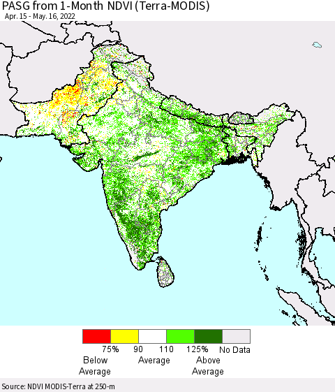 Southern Asia PASG from 1-Month NDVI (Terra-MODIS) Thematic Map For 5/9/2022 - 5/16/2022