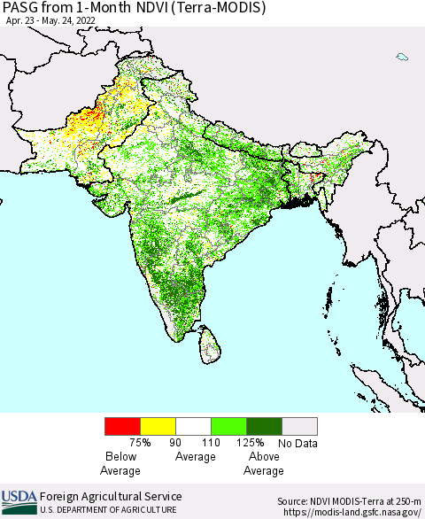 Southern Asia PASG from 1-Month NDVI (Terra-MODIS) Thematic Map For 5/21/2022 - 5/31/2022