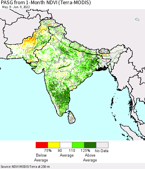 Southern Asia PASG from 1-Month NDVI (Terra-MODIS) Thematic Map For 6/2/2022 - 6/9/2022