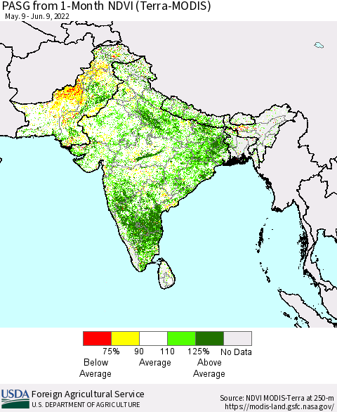 Southern Asia PASG from 1-Month NDVI (Terra-MODIS) Thematic Map For 6/1/2022 - 6/10/2022
