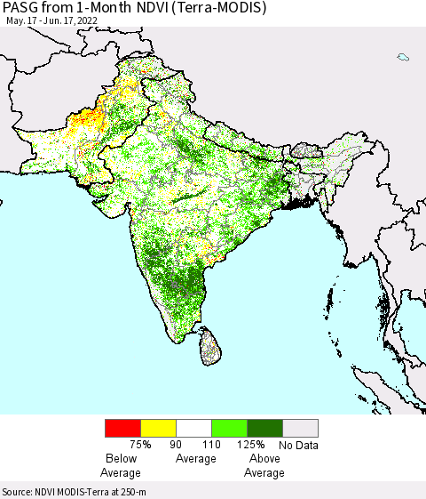 Southern Asia PASG from 1-Month NDVI (Terra-MODIS) Thematic Map For 6/10/2022 - 6/17/2022