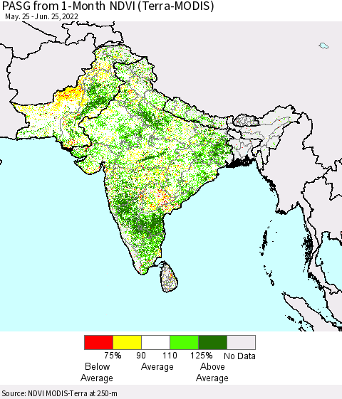 Southern Asia PASG from 1-Month NDVI (Terra-MODIS) Thematic Map For 6/18/2022 - 6/25/2022