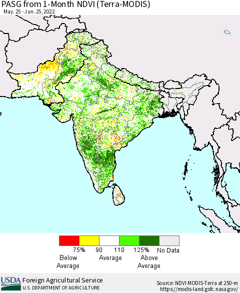 Southern Asia PASG from 1-Month NDVI (Terra-MODIS) Thematic Map For 6/21/2022 - 6/30/2022