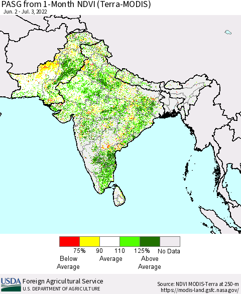 Southern Asia PASG from 1-Month NDVI (Terra-MODIS) Thematic Map For 7/1/2022 - 7/10/2022