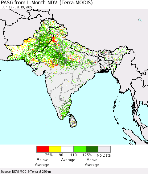 Southern Asia PASG from 1-Month NDVI (Terra-MODIS) Thematic Map For 7/12/2022 - 7/19/2022