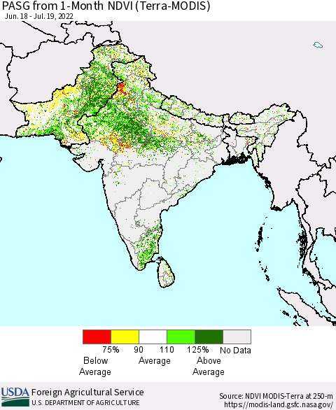 Southern Asia PASG from 1-Month NDVI (Terra-MODIS) Thematic Map For 7/11/2022 - 7/20/2022
