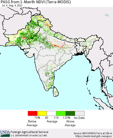 Southern Asia PASG from 1-Month NDVI (Terra-MODIS) Thematic Map For 8/1/2022 - 8/10/2022