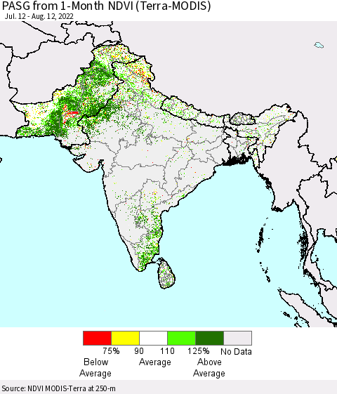 Southern Asia PASG from 1-Month NDVI (Terra-MODIS) Thematic Map For 8/5/2022 - 8/12/2022