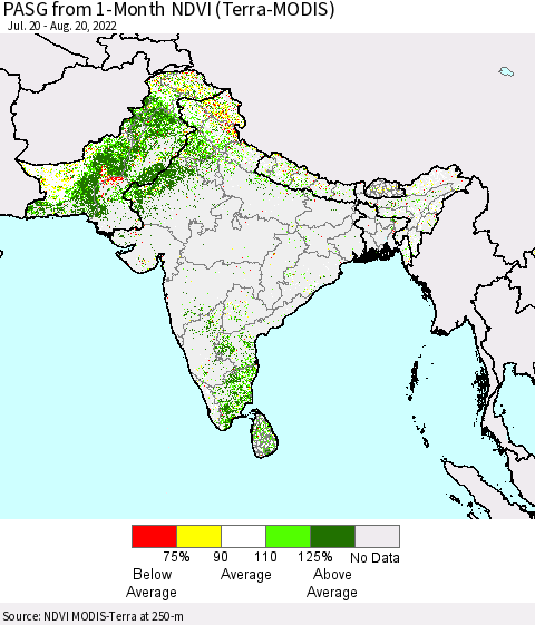 Southern Asia PASG from 1-Month NDVI (Terra-MODIS) Thematic Map For 8/11/2022 - 8/20/2022