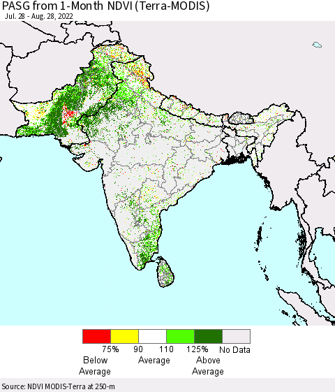 Southern Asia PASG from 1-Month NDVI (Terra-MODIS) Thematic Map For 8/21/2022 - 8/28/2022