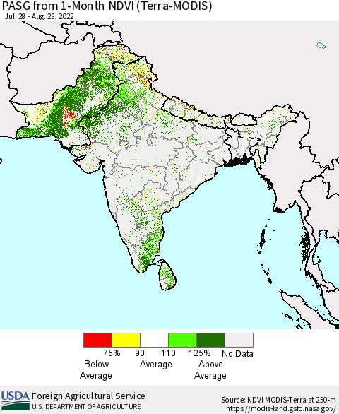 Southern Asia PASG from 1-Month NDVI (Terra-MODIS) Thematic Map For 8/21/2022 - 8/31/2022