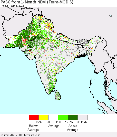 Southern Asia PASG from 1-Month NDVI (Terra-MODIS) Thematic Map For 8/29/2022 - 9/5/2022