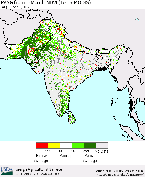 Southern Asia PASG from 1-Month NDVI (Terra-MODIS) Thematic Map For 9/1/2022 - 9/10/2022