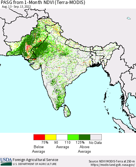 Southern Asia PASG from 1-Month NDVI (Terra-MODIS) Thematic Map For 9/11/2022 - 9/20/2022