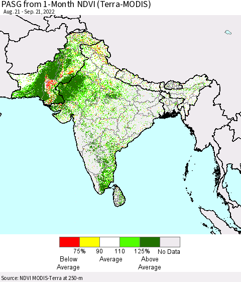 Southern Asia PASG from 1-Month NDVI (Terra-MODIS) Thematic Map For 9/14/2022 - 9/21/2022
