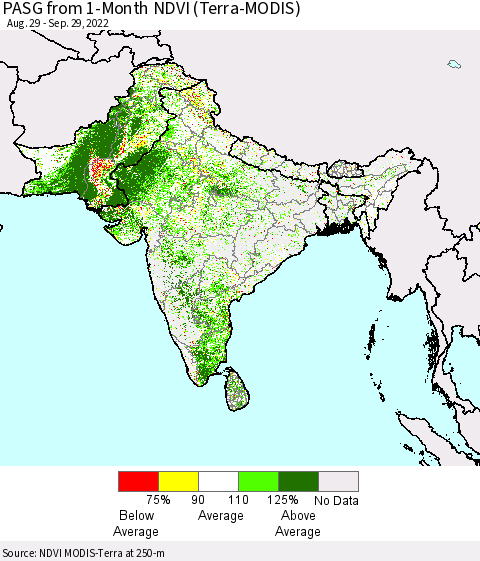 Southern Asia PASG from 1-Month NDVI (Terra-MODIS) Thematic Map For 9/22/2022 - 9/29/2022