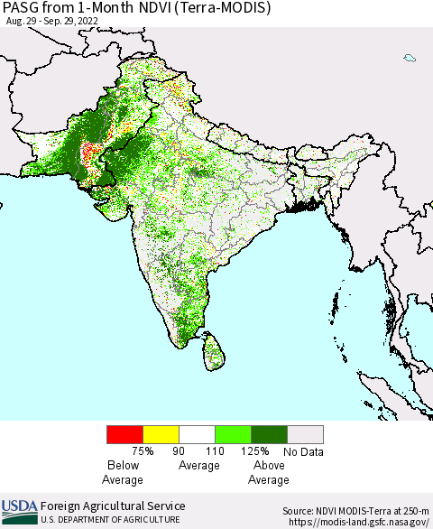 Southern Asia PASG from 1-Month NDVI (Terra-MODIS) Thematic Map For 9/21/2022 - 9/30/2022