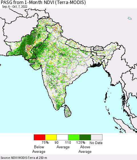Southern Asia PASG from 1-Month NDVI (Terra-MODIS) Thematic Map For 9/30/2022 - 10/7/2022
