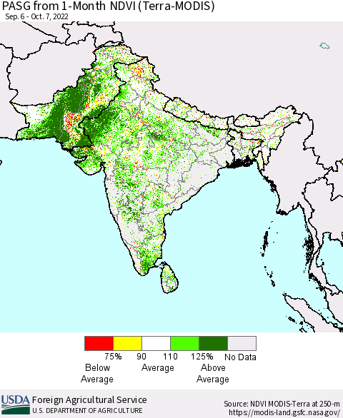 Southern Asia PASG from 1-Month NDVI (Terra-MODIS) Thematic Map For 10/1/2022 - 10/10/2022
