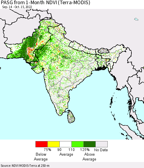 Southern Asia PASG from 1-Month NDVI (Terra-MODIS) Thematic Map For 10/8/2022 - 10/15/2022