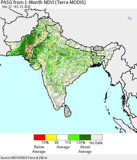 Southern Asia PASG from 1-Month NDVI (Terra-MODIS) Thematic Map For 10/16/2022 - 10/23/2022