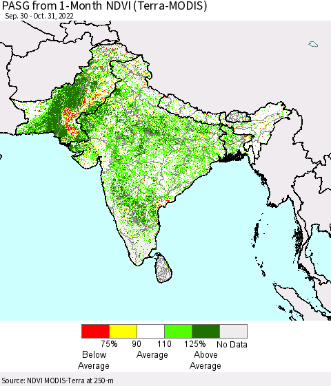 Southern Asia PASG from 1-Month NDVI (Terra-MODIS) Thematic Map For 10/21/2022 - 10/31/2022