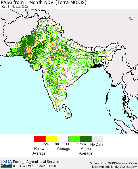 Southern Asia PASG from 1-Month NDVI (Terra-MODIS) Thematic Map For 11/1/2022 - 11/10/2022