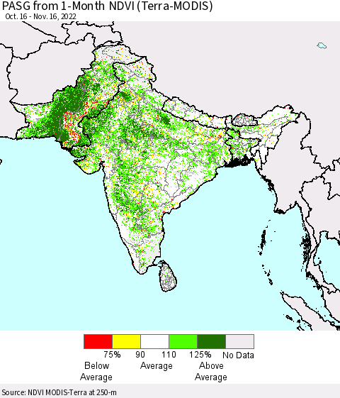 Southern Asia PASG from 1-Month NDVI (Terra-MODIS) Thematic Map For 11/9/2022 - 11/16/2022