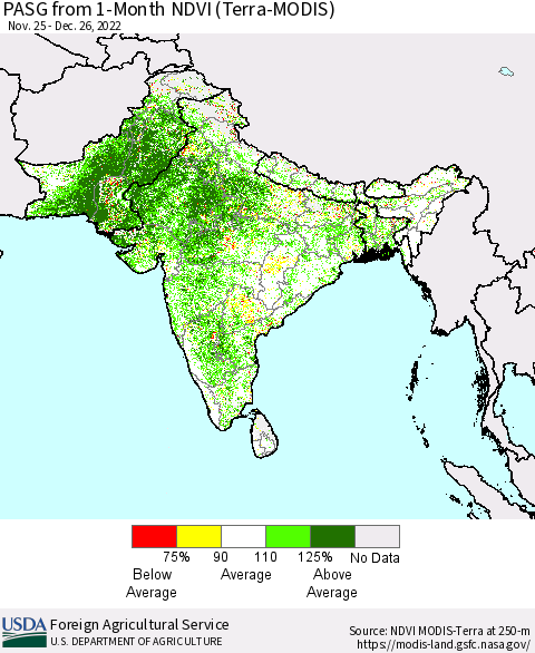 Southern Asia PASG from 1-Month NDVI (Terra-MODIS) Thematic Map For 12/21/2022 - 12/31/2022
