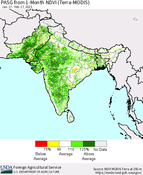 Southern Asia PASG from 1-Month NDVI (Terra-MODIS) Thematic Map For 2/11/2023 - 2/20/2023