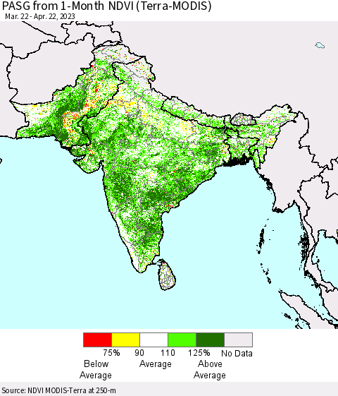 Southern Asia PASG from 1-Month NDVI (Terra-MODIS) Thematic Map For 4/15/2023 - 4/22/2023