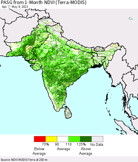 Southern Asia PASG from 1-Month NDVI (Terra-MODIS) Thematic Map For 5/1/2023 - 5/8/2023