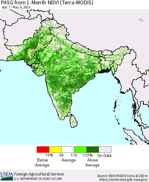 Southern Asia PASG from 1-Month NDVI (Terra-MODIS) Thematic Map For 5/1/2023 - 5/10/2023