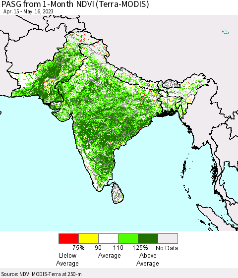 Southern Asia PASG from 1-Month NDVI (Terra-MODIS) Thematic Map For 5/9/2023 - 5/16/2023
