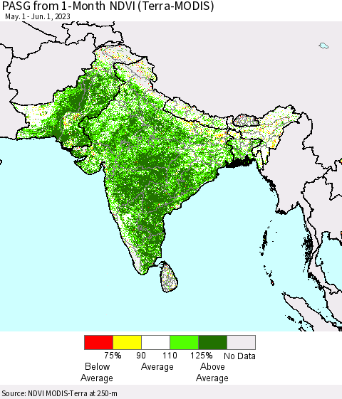 Southern Asia PASG from 1-Month NDVI (Terra-MODIS) Thematic Map For 5/25/2023 - 6/1/2023