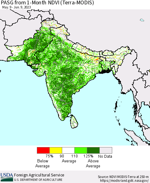 Southern Asia PASG from 1-Month NDVI (Terra-MODIS) Thematic Map For 6/1/2023 - 6/10/2023