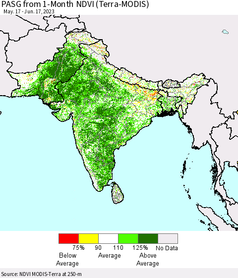 Southern Asia PASG from 1-Month NDVI (Terra-MODIS) Thematic Map For 6/10/2023 - 6/17/2023