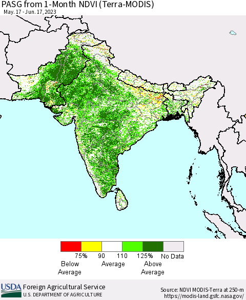 Southern Asia PASG from 1-Month NDVI (Terra-MODIS) Thematic Map For 6/11/2023 - 6/20/2023