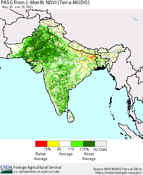 Southern Asia PASG from 1-Month NDVI (Terra-MODIS) Thematic Map For 6/21/2023 - 6/30/2023